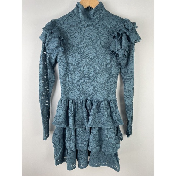 NWT Caroline Constas Emily Floral Lace Tiered Ruffle Mini Dress M Aegean Sea - Picture 6 of 11